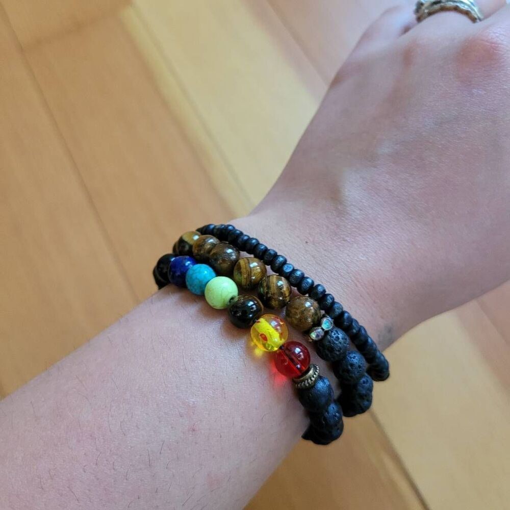 Set of 3 beaded bracelets faux crystal tiger's eye lava‎ beads bohemian hippie